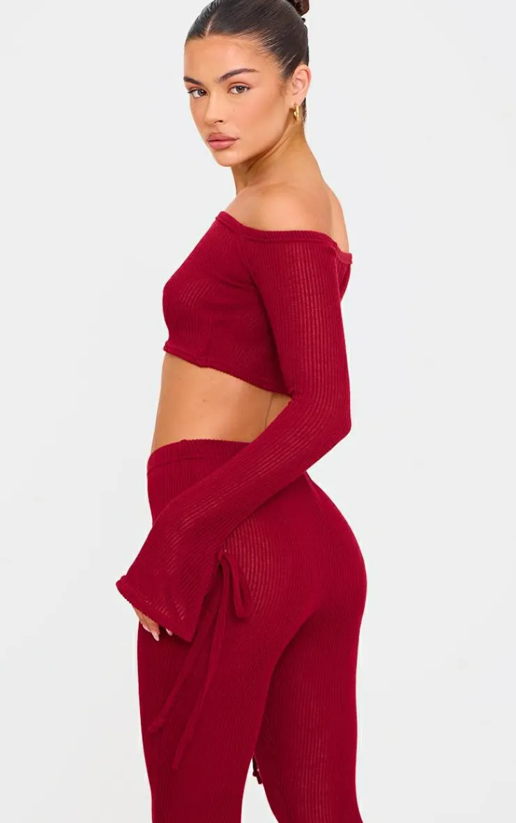 Discount PrettyLittleThing Sheer Soft Rib Bardot Long Sleeve Crop Top Cherry Red