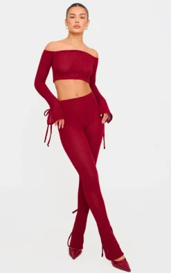 Discount PrettyLittleThing Sheer Soft Rib Bardot Long Sleeve Crop Top Cherry Red