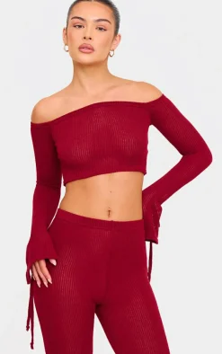 Discount PrettyLittleThing Sheer Soft Rib Bardot Long Sleeve Crop Top Cherry Red