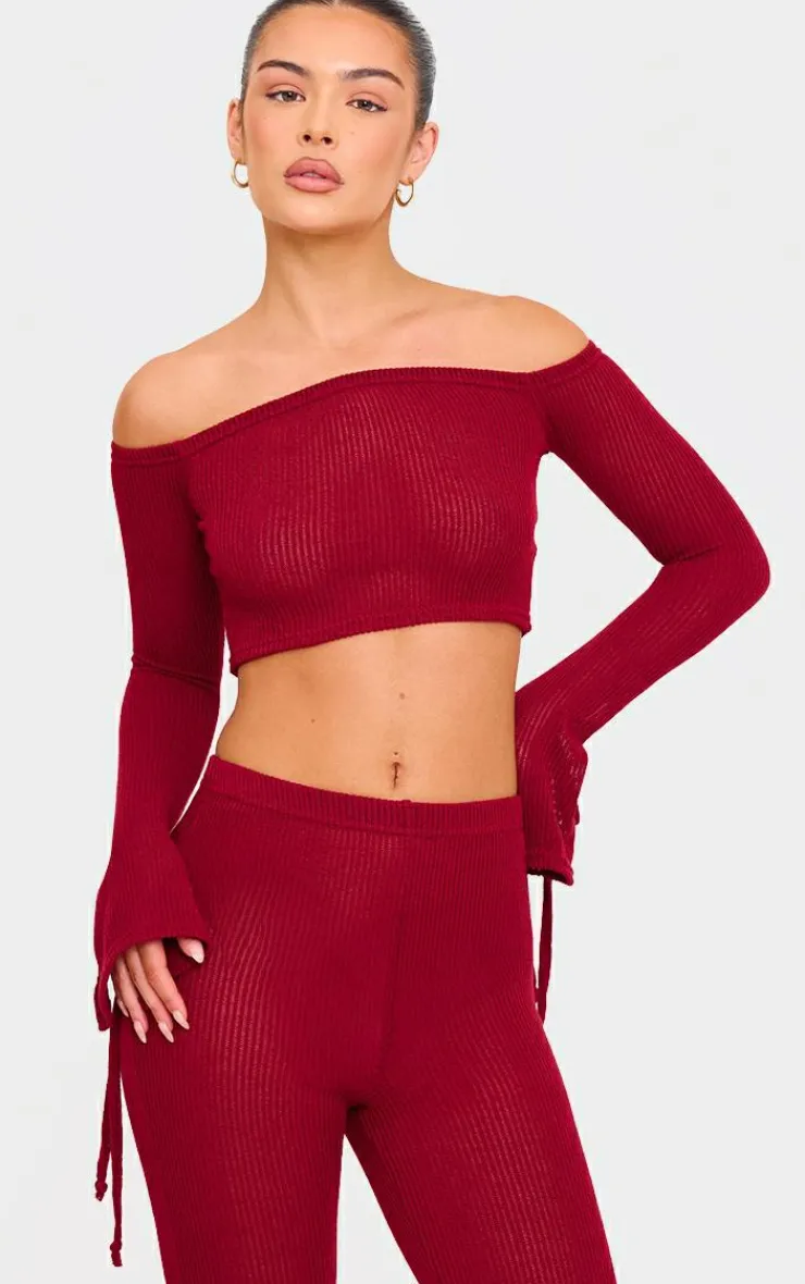 Discount PrettyLittleThing Sheer Soft Rib Bardot Long Sleeve Crop Top Cherry Red