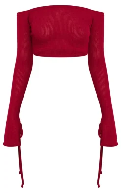 Discount PrettyLittleThing Sheer Soft Rib Bardot Long Sleeve Crop Top Cherry Red