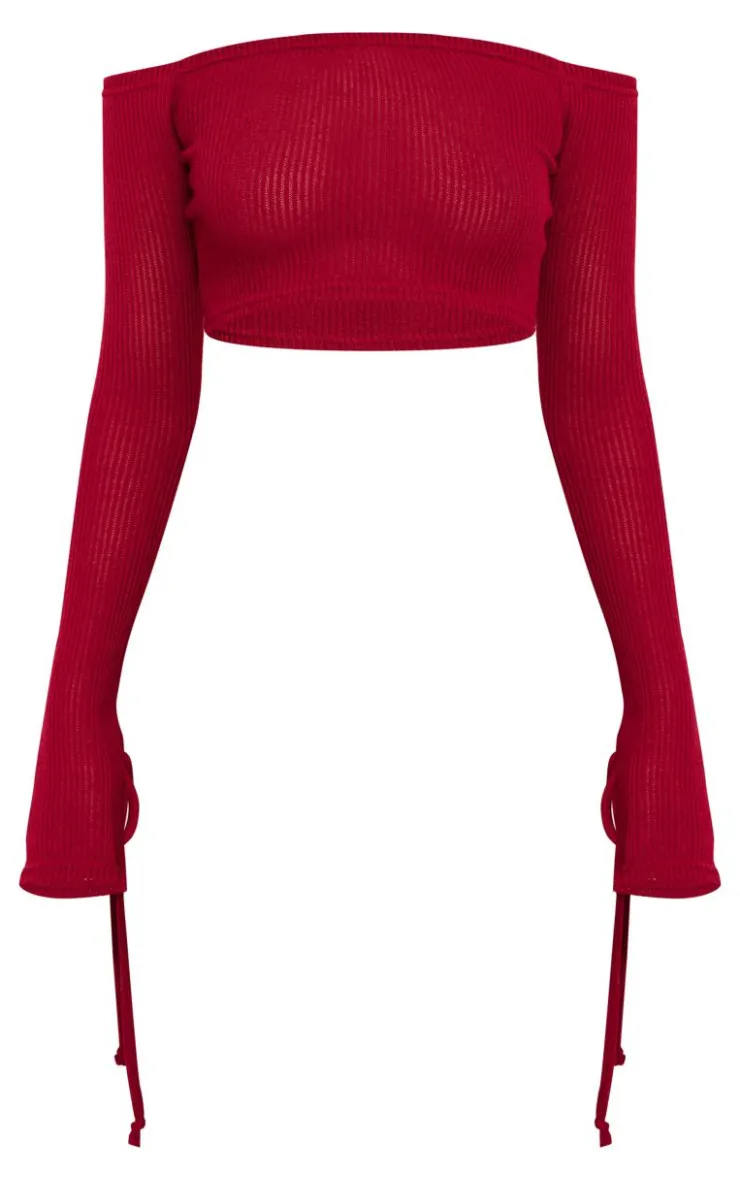 Discount PrettyLittleThing Sheer Soft Rib Bardot Long Sleeve Crop Top Cherry Red