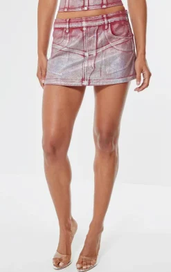 New PrettyLittleThing Silver Metallic Foil Effect Denim Micro Mini Skirt Cherry Red