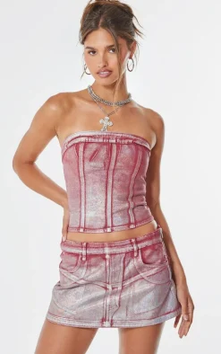 New PrettyLittleThing Silver Metallic Foil Effect Denim Micro Mini Skirt Cherry Red