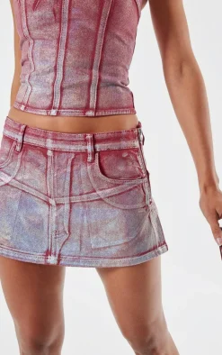 New PrettyLittleThing Silver Metallic Foil Effect Denim Micro Mini Skirt Cherry Red