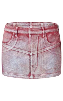 New PrettyLittleThing Silver Metallic Foil Effect Denim Micro Mini Skirt Cherry Red