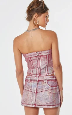 New PrettyLittleThing Silver Metallic Foil Effect Denim Corset Top Cherry Red