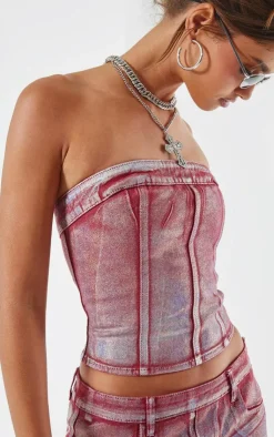 New PrettyLittleThing Silver Metallic Foil Effect Denim Corset Top Cherry Red