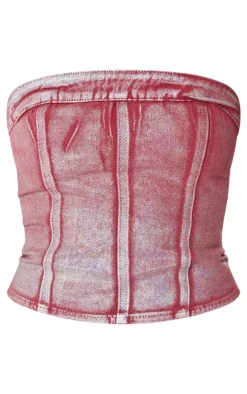 New PrettyLittleThing Silver Metallic Foil Effect Denim Corset Top Cherry Red