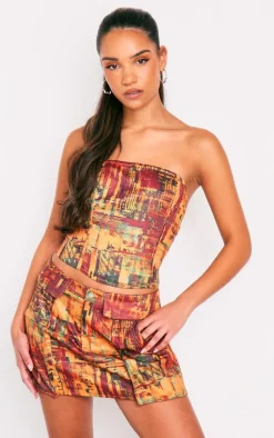 New PrettyLittleThing Textured Printed Structured Longline Corset Cherry Red