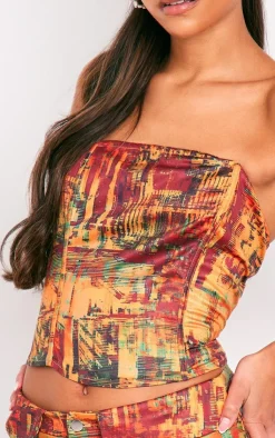 New PrettyLittleThing Textured Printed Structured Longline Corset Cherry Red