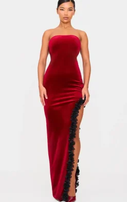 Velvet Bandeau Rose Detail Slit Midaxi Dresss-PrettyLittleThing Discount