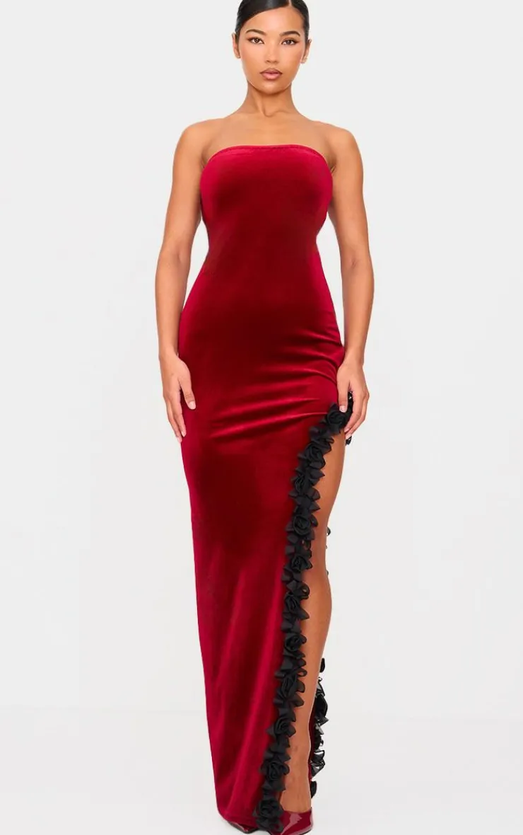Velvet Bandeau Rose Detail Slit Midaxi Dresss-PrettyLittleThing Discount