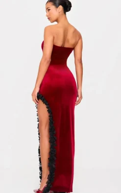 Velvet Bandeau Rose Detail Slit Midaxi Dresss-PrettyLittleThing Discount