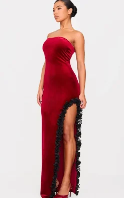 Velvet Bandeau Rose Detail Slit Midaxi Dresss-PrettyLittleThing Discount
