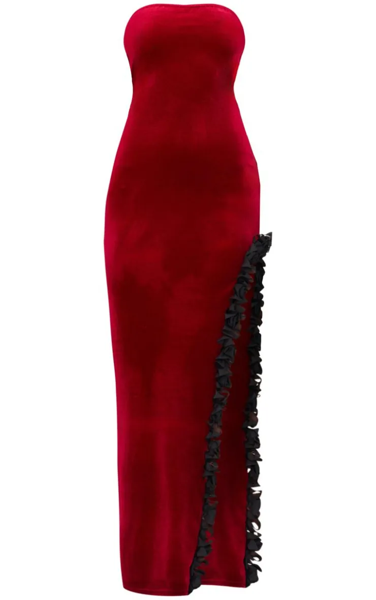 Velvet Bandeau Rose Detail Slit Midaxi Dresss-PrettyLittleThing Discount