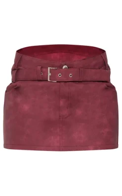 Outlet PrettyLittleThing Washed Faux Leather Buckle Detail Mini Skirt Cherry Red