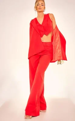 Online PrettyLittleThing Woven Belted Back Detail Suit Vest Top Cherry Red