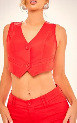 Online PrettyLittleThing Woven Belted Back Detail Suit Vest Top Cherry Red