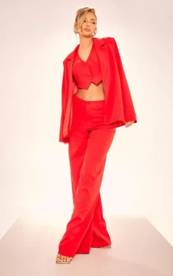 Online PrettyLittleThing Woven Double Belt Loop Suit Pants Cherry Red