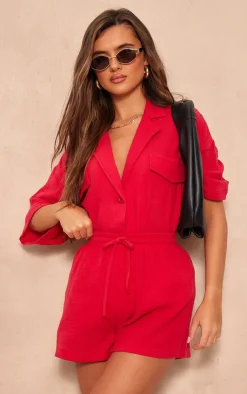 Best PrettyLittleThing Woven Pocket Detail Short Sleeve Shirt Cherry Red