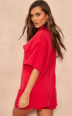 Best PrettyLittleThing Woven Pocket Detail Short Sleeve Shirt Cherry Red