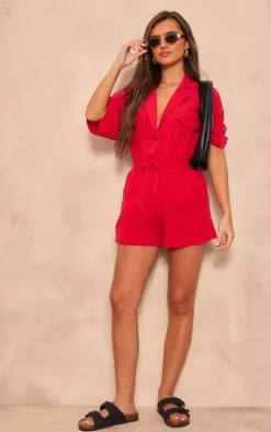 Best PrettyLittleThing Woven Pocket Detail Short Sleeve Shirt Cherry Red