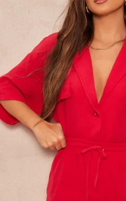 Best PrettyLittleThing Woven Pocket Detail Short Sleeve Shirt Cherry Red