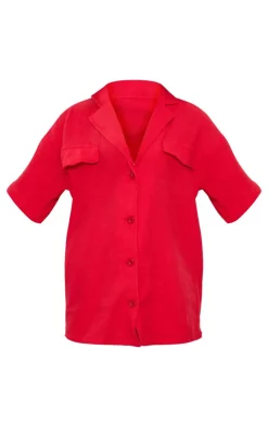 Best PrettyLittleThing Woven Pocket Detail Short Sleeve Shirt Cherry Red