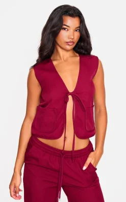 New PrettyLittleThing Woven Tie Front Sleeveless Long Top Cherry Red