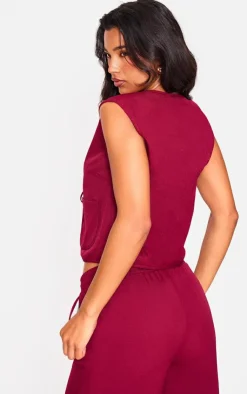 New PrettyLittleThing Woven Tie Front Sleeveless Long Top Cherry Red