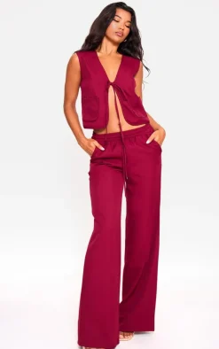 New PrettyLittleThing Woven Tie Front Sleeveless Long Top Cherry Red