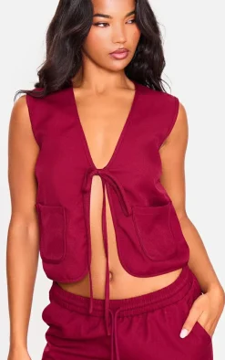 New PrettyLittleThing Woven Tie Front Sleeveless Long Top Cherry Red