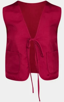 New PrettyLittleThing Woven Tie Front Sleeveless Long Top Cherry Red