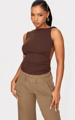 PrettyLittleThing Snatched*Chestnut Contour Jersey Twist Shoulder Backless Long Top
