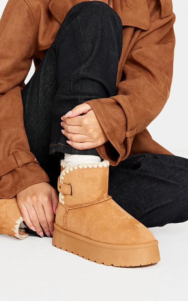 PrettyLittleThing Ankle Boots*Chestnut Faux Suede Round Toe Stitched Borg Lined Ankle Boots