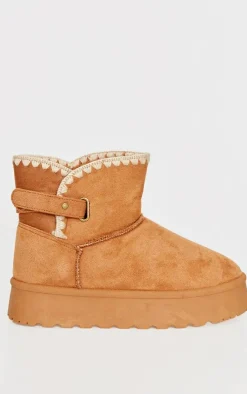 PrettyLittleThing Ankle Boots*Chestnut Faux Suede Round Toe Stitched Borg Lined Ankle Boots