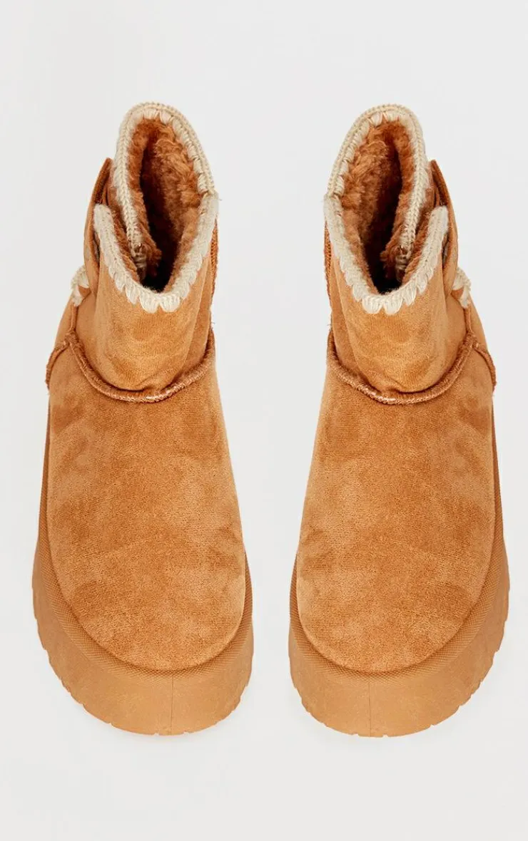 PrettyLittleThing Ankle Boots*Chestnut Faux Suede Round Toe Stitched Borg Lined Ankle Boots