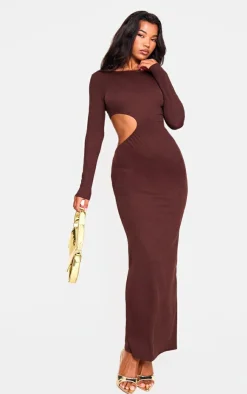 Chocolate Long Sleeve Cut Out Maxi Dress-PrettyLittleThing Hot