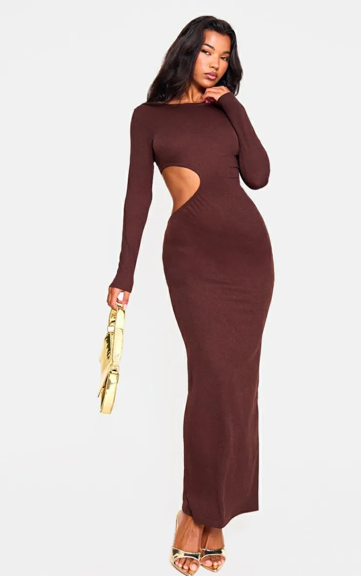 Chocolate Long Sleeve Cut Out Maxi Dress-PrettyLittleThing Hot