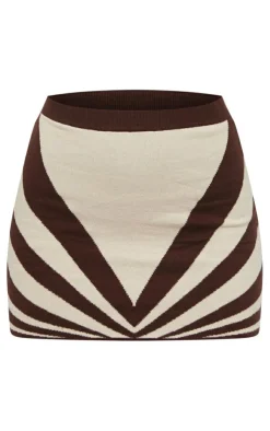 Online PrettyLittleThing Abstract Two Tone Knit Mini Skirt Chocolate