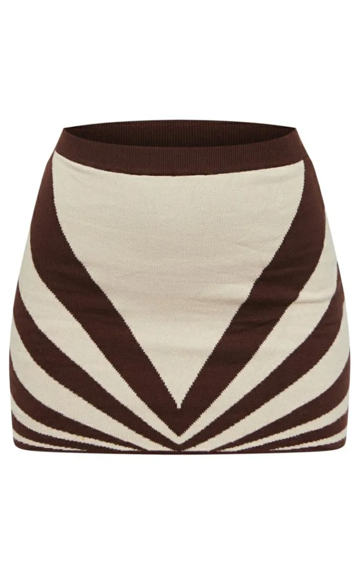 Online PrettyLittleThing Abstract Two Tone Knit Mini Skirt Chocolate