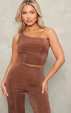 Outlet PrettyLittleThing Acetate Slinky One Shoulder Ruched Top Chocolate