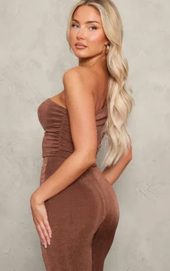 Outlet PrettyLittleThing Acetate Slinky One Shoulder Ruched Top Chocolate