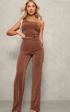 Outlet PrettyLittleThing Acetate Slinky One Shoulder Ruched Top Chocolate