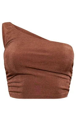 Outlet PrettyLittleThing Acetate Slinky One Shoulder Ruched Top Chocolate