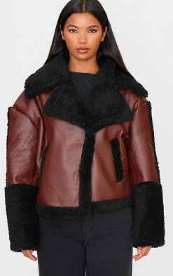 PrettyLittleThing Faux Leather Jackets*And Black Borg Trim Faux Leather Coat