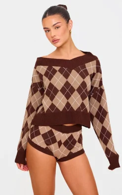 Discount PrettyLittleThing Argyle Jacquard Knit Slouchy V Neck Sweater Chocolate