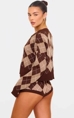 Discount PrettyLittleThing Argyle Jacquard Knit Slouchy V Neck Sweater Chocolate