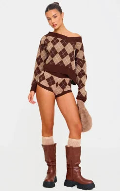 Discount PrettyLittleThing Argyle Jacquard Knit Slouchy V Neck Sweater Chocolate